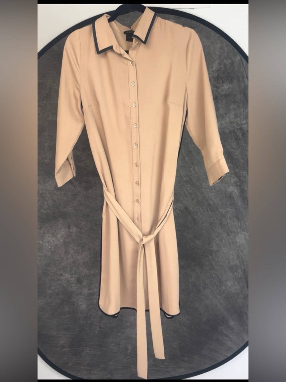 Ann Taylor Shirt Dress Khaki Black Trim Belted Midi L 3/4 Sleeve Button Front - Picture 3 of 5